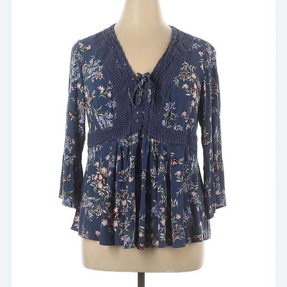 Torrid Blue and Pink Bell Sleeve Blouse with Tie Front - Picture 2 of 10